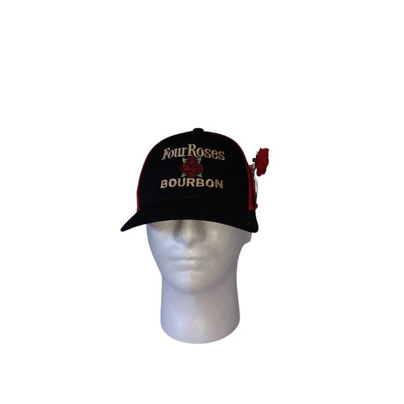 Trucker Hat Four Roses Bourbon Black Red Gold w/ Rose Hat Pin Mesh Snapback Cap - Picture 2 of 7